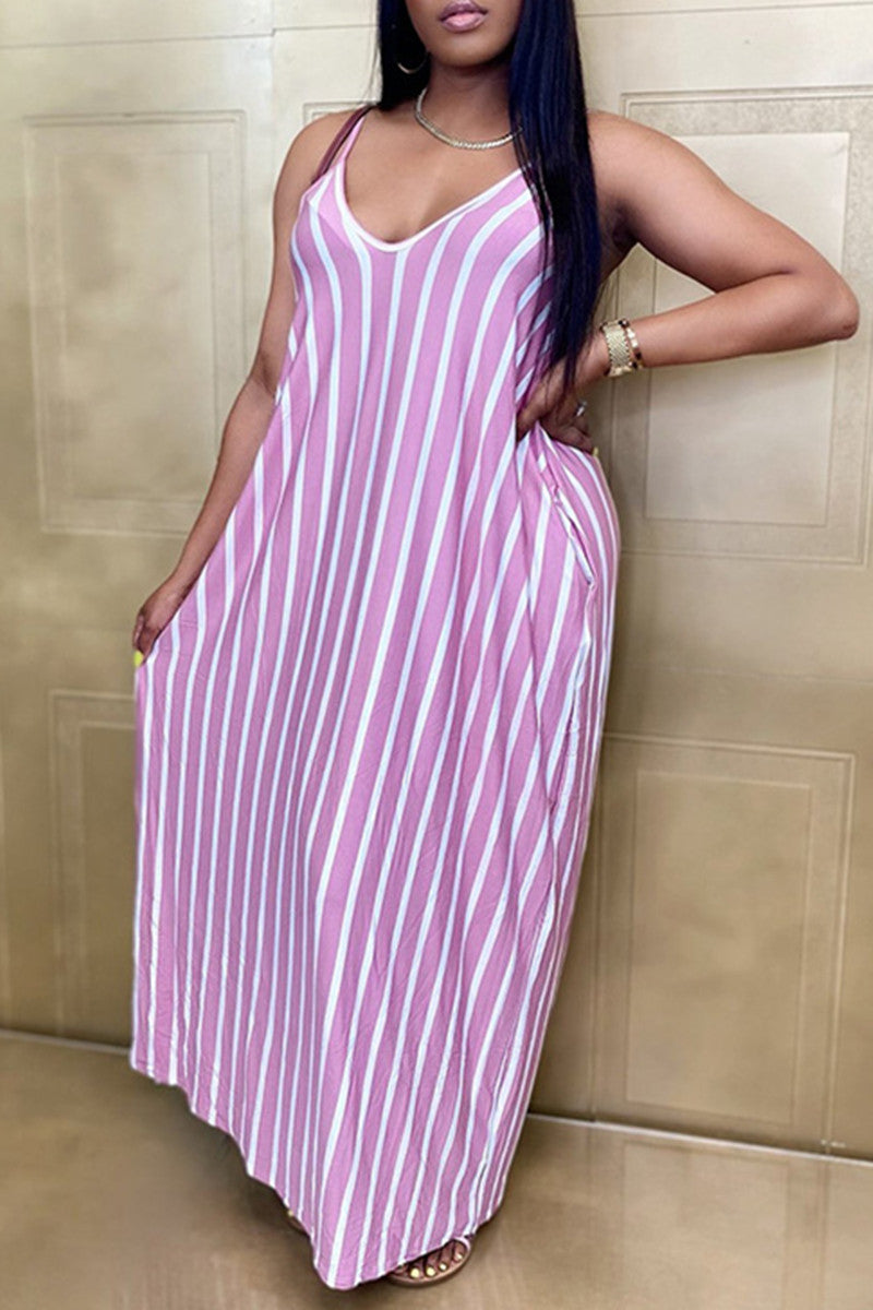Sexy Casual Plus Size Striped Print Backless V Neck Sling Dress