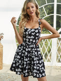 floral ruffle shoulder lace up a line casual dress