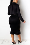 Sexy British Style Solid Fold Turndown Collar Long Sleeve Knee Length Pencil Skirt Dresses