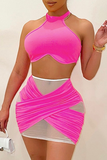 Sexy Solid Mesh Halter Sleeveless Two Pieces