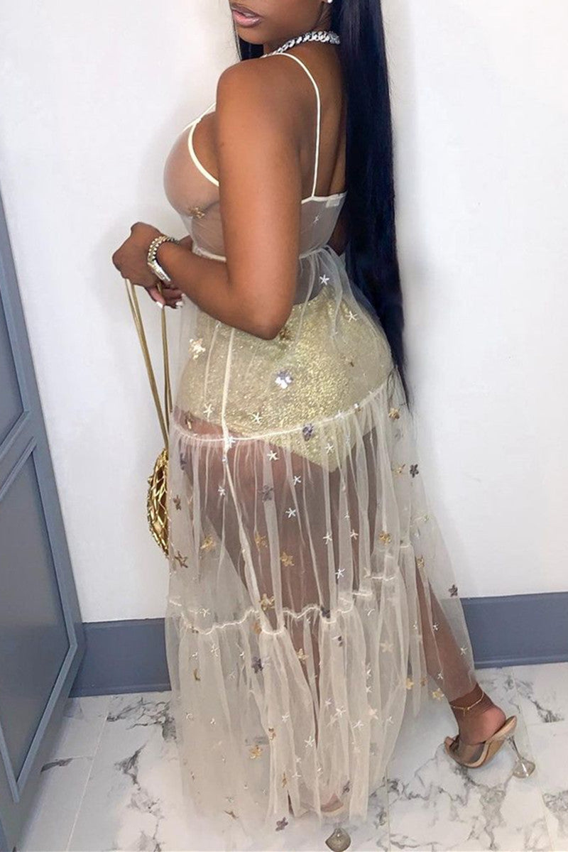 Sexy Hollowed Out See-through Backless Spaghetti Strap Sleeveless Dress