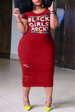 Fashion Casual Plus Size Letter Print Ripped O Neck Short Sleeve Dress