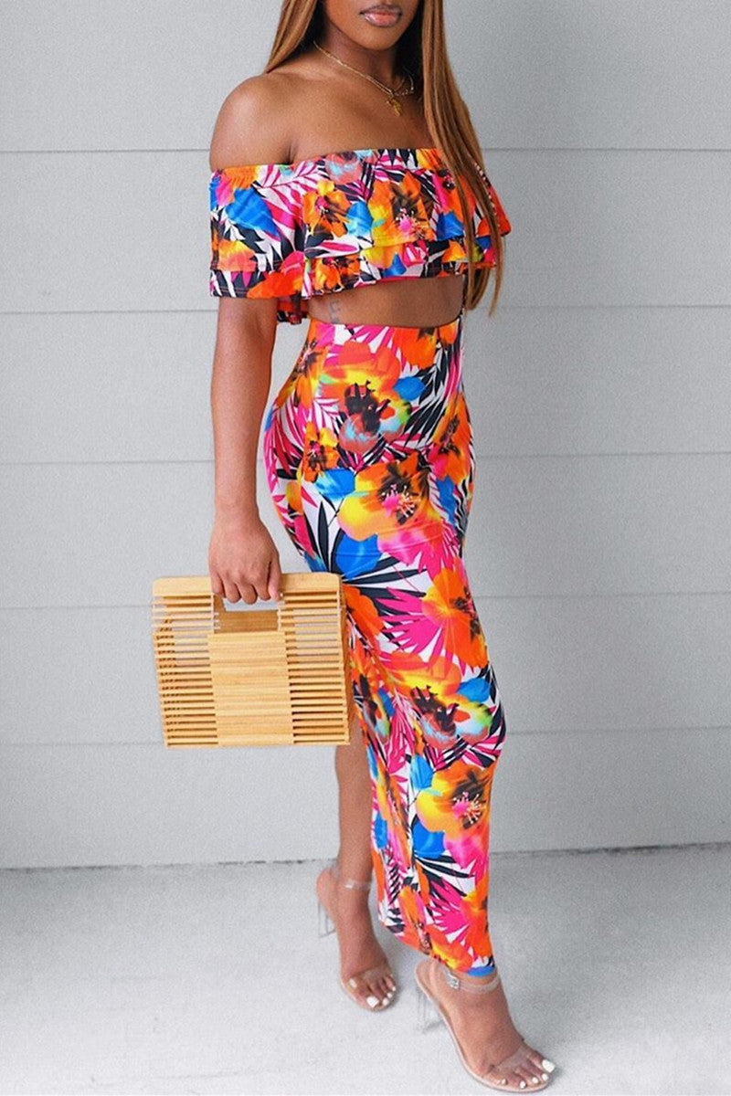 Fashion Sexy Print Backless Off the Shoulder Short Sleeve Two Pieces