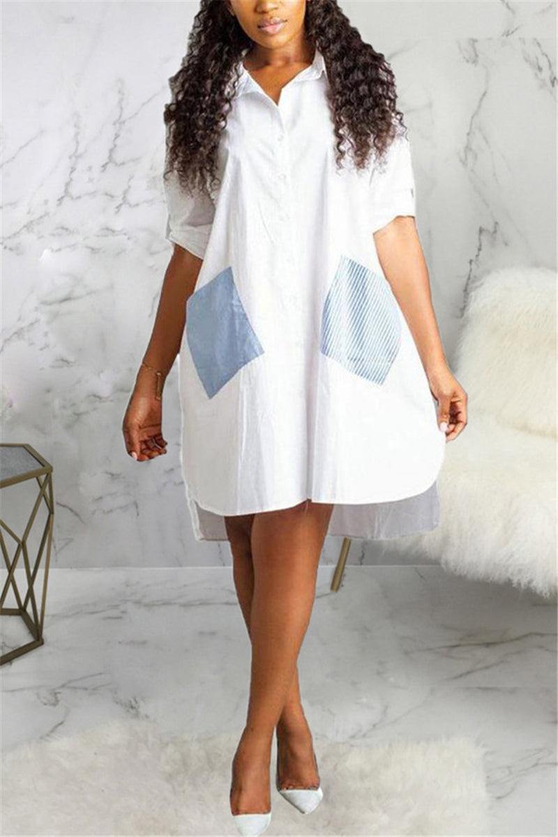 Fashion Casual Regular Sleeve Turndown Collar Shirt Dress Knee Length Patchwork Dresses