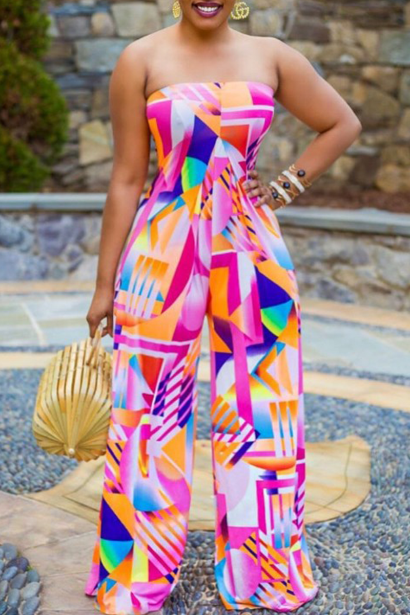 Sexy Print Split Joint Strapless Straight Jumpsuits