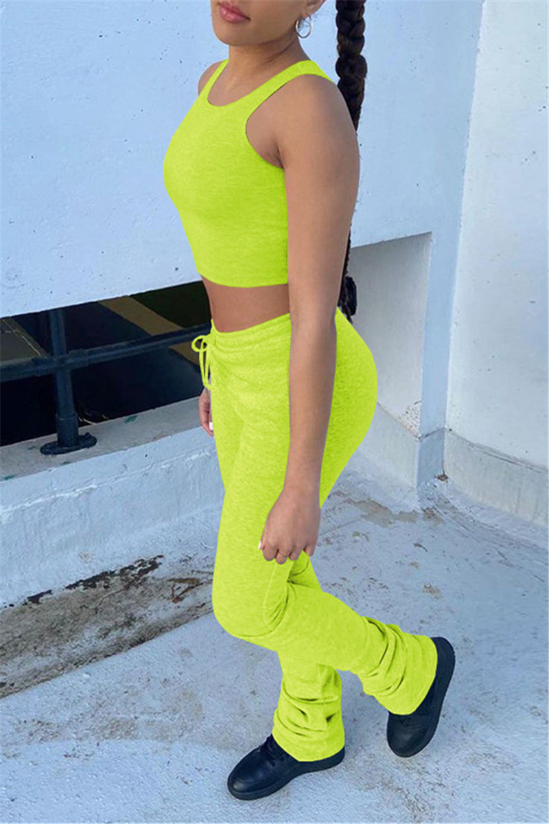 Casual Sportswear Solid Fold Pants O Neck Sleeveless Two Pieces