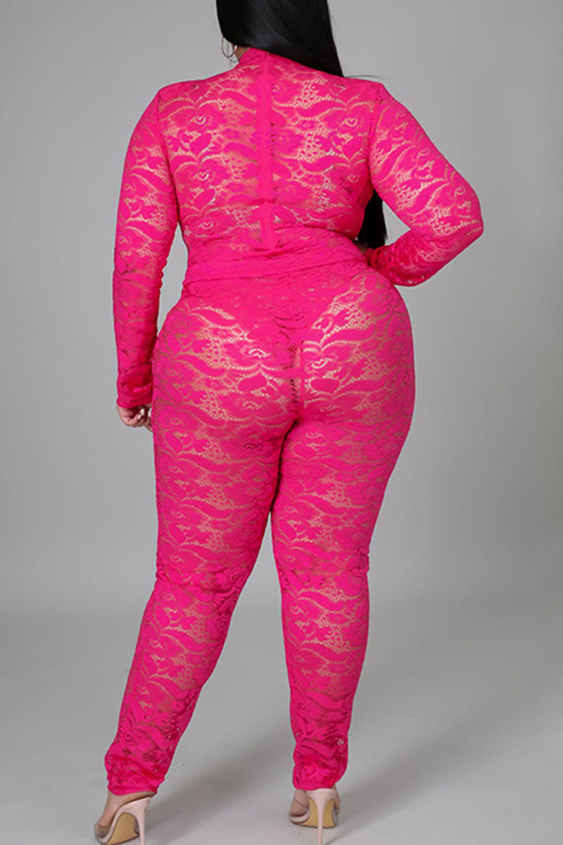 Sexy Solid Split Joint See-through O Neck Plus Size Two Pieces
