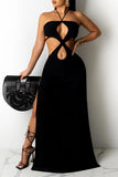 Sexy Solid Hollowed Out Backless Slit Halter Strapless Dress