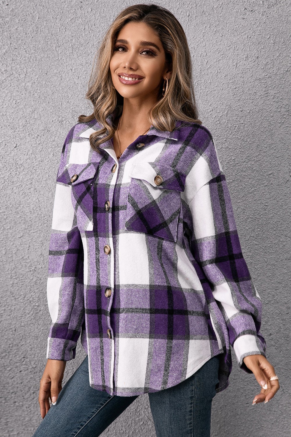 plaid pocketed button down shirt jacket