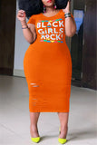 Fashion Casual Plus Size Letter Print Ripped O Neck Short Sleeve Dress