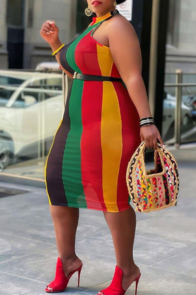 Sexy Plus Size Striped See-through Without Belt Half A Turtleneck Sleeveless Dress
