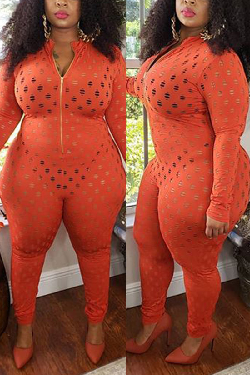 Fashion Casual Solid Ripped Zipper Collar Plus Size Jumpsuit