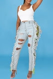 Sexy Solid Tassel Ripped Bandage Make Old Straight Denim Jeans