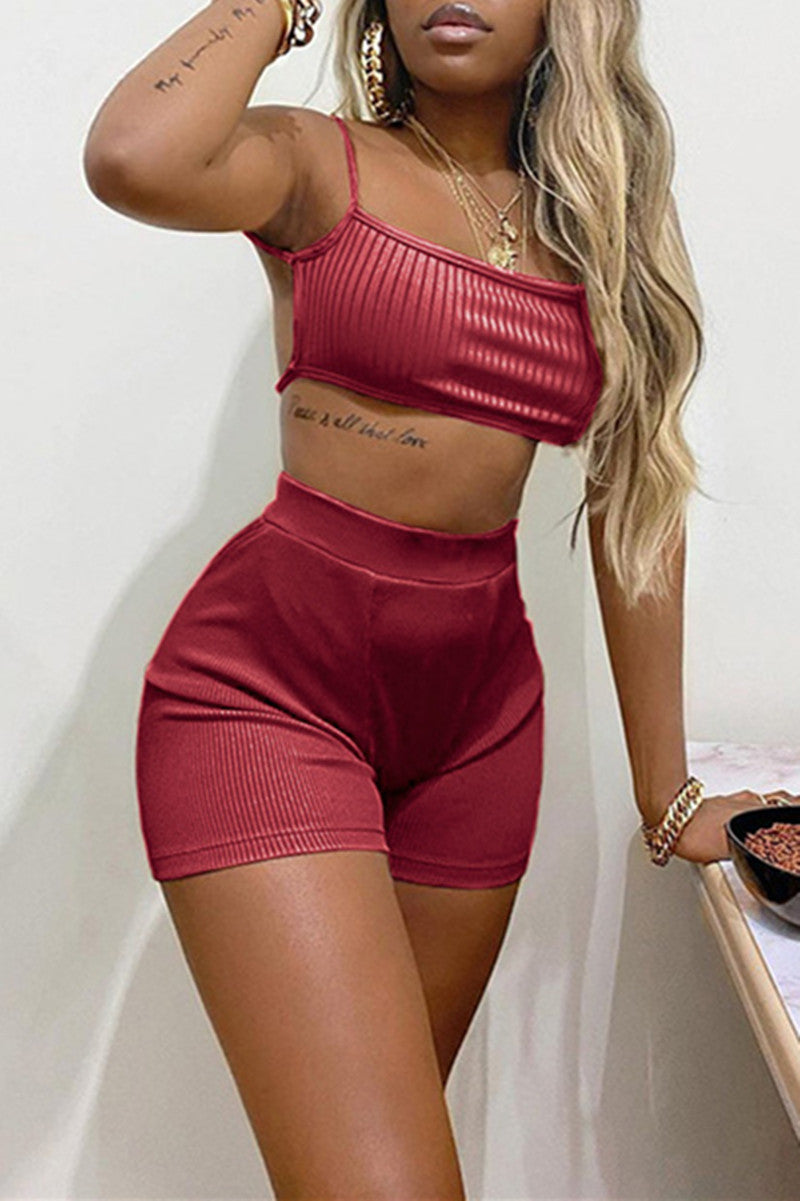 Fashion Sexy Solid Backless Spaghetti Strap Sleeveless Two Pieces