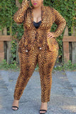 Fashion Casual Turndown Collar Long Sleeve Regular Sleeve Leopard Print Plus Size Set