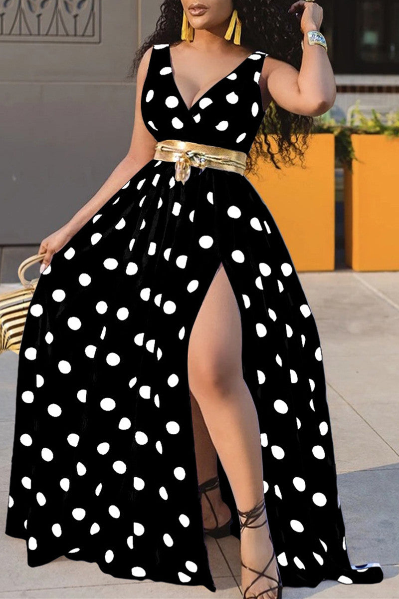 Sexy Casual Dot Print Slit Without Belt V Neck Vest Dress