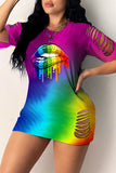 Fashion Casual Lips Printed Hollowed Out O Neck Short Sleeve Dress