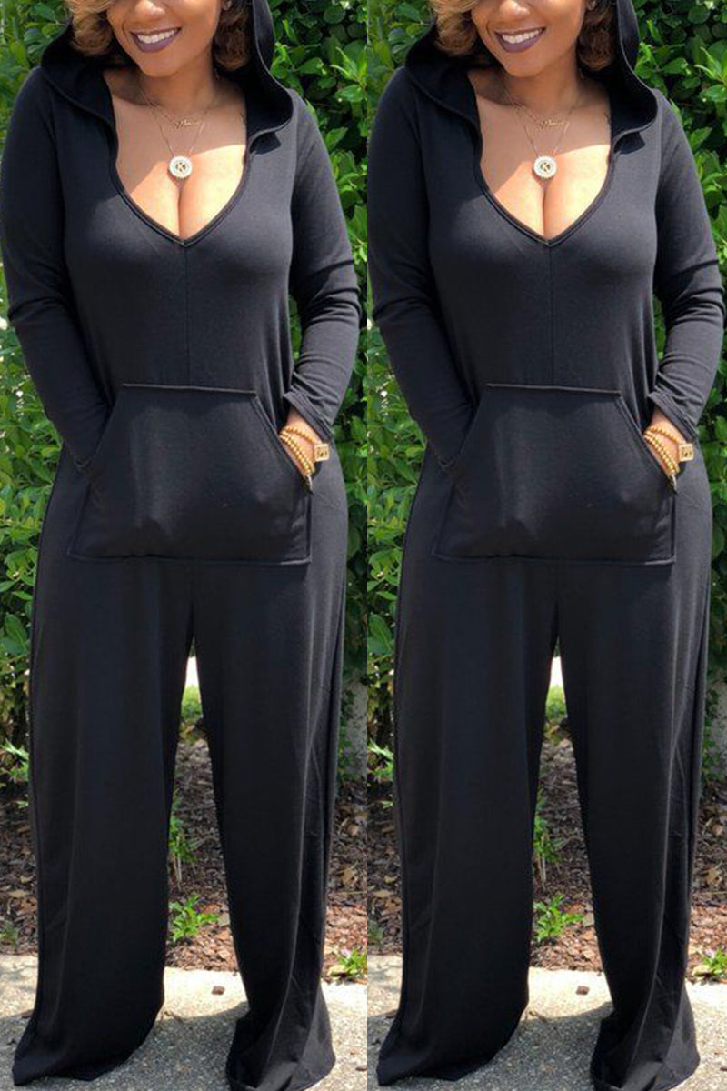 Fashion Casual V Neck Long Sleeve Regular Sleeve Loose Solid Jumpsuits
