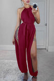 Sexy Solid With Belt Halter Loose Jumpsuits