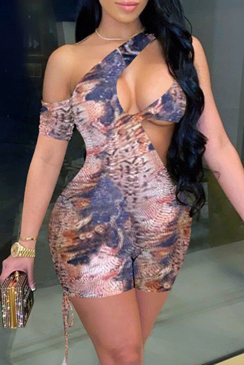 Fashion Sexy Print Hollowed Out Backless One Shoulder Skinny Romper