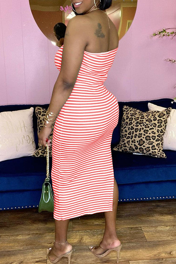 Sexy Casual Striped Print Backless Slit One Shoulder Sling Dress