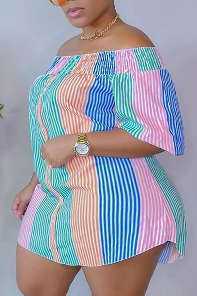 Casual Cute Striped Print Off the Shoulder Straight Plus Size Dresses