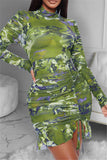 Sexy Sleeve Long Sleeve Half A Turtleneck Asymmetrical Mini Print Dresses