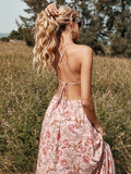 floral striped backless halter neck dress