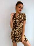 leopard print zip up bodycon dress