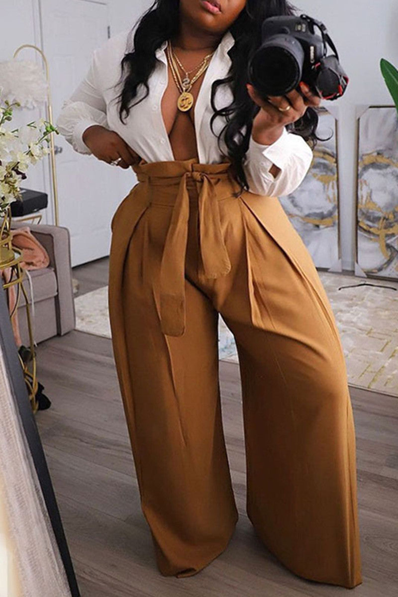 Fashion Casual Solid Basic Regular High Waist Wide Leg Plus Size Trousers
