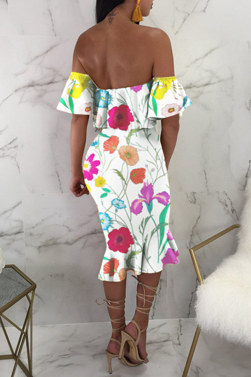 Sexy Print Backless Off the Shoulder Short Sleeve Dress