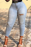 Casual Solid Ripped Buttons Pants Mid Waist Skinny Denim