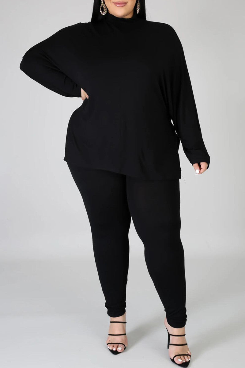 Fashion Casual Solid Basic Turtleneck Plus Size Two Pieces