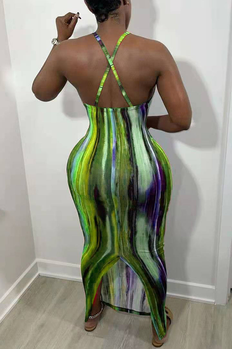 Fashion Sexy Print Backless Slit Spaghetti Strap Sleeveless Dress