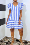 Fashion Casual Striped Print Basic V Neck Short Sleeve Dress