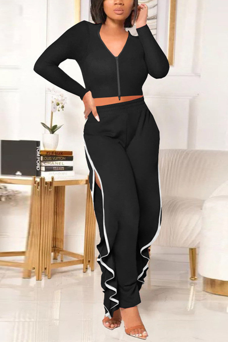 Casual Sportswear Patchwork Zipper Collar Long Sleeve Two Pieces