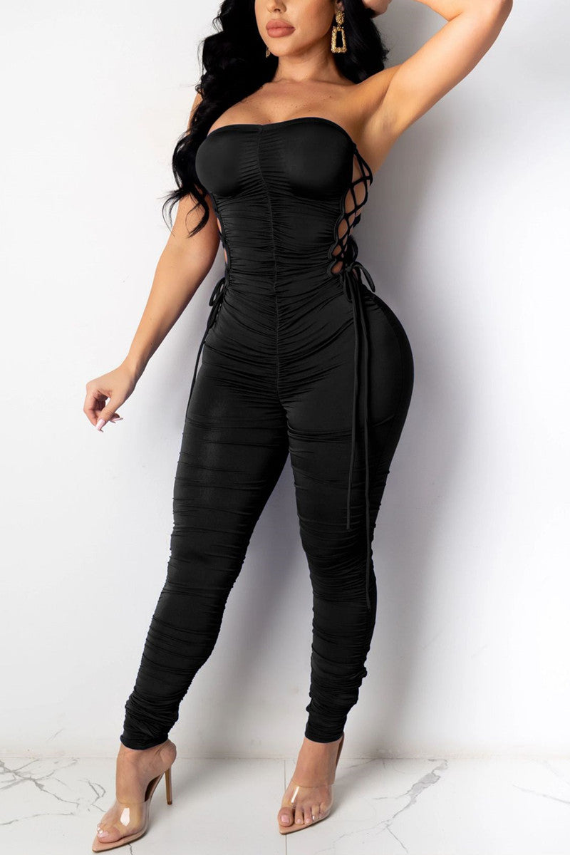 Fashion Sexy Solid Hollowed Out Fold Strap Design Strapless Skinny Jumpsuits
