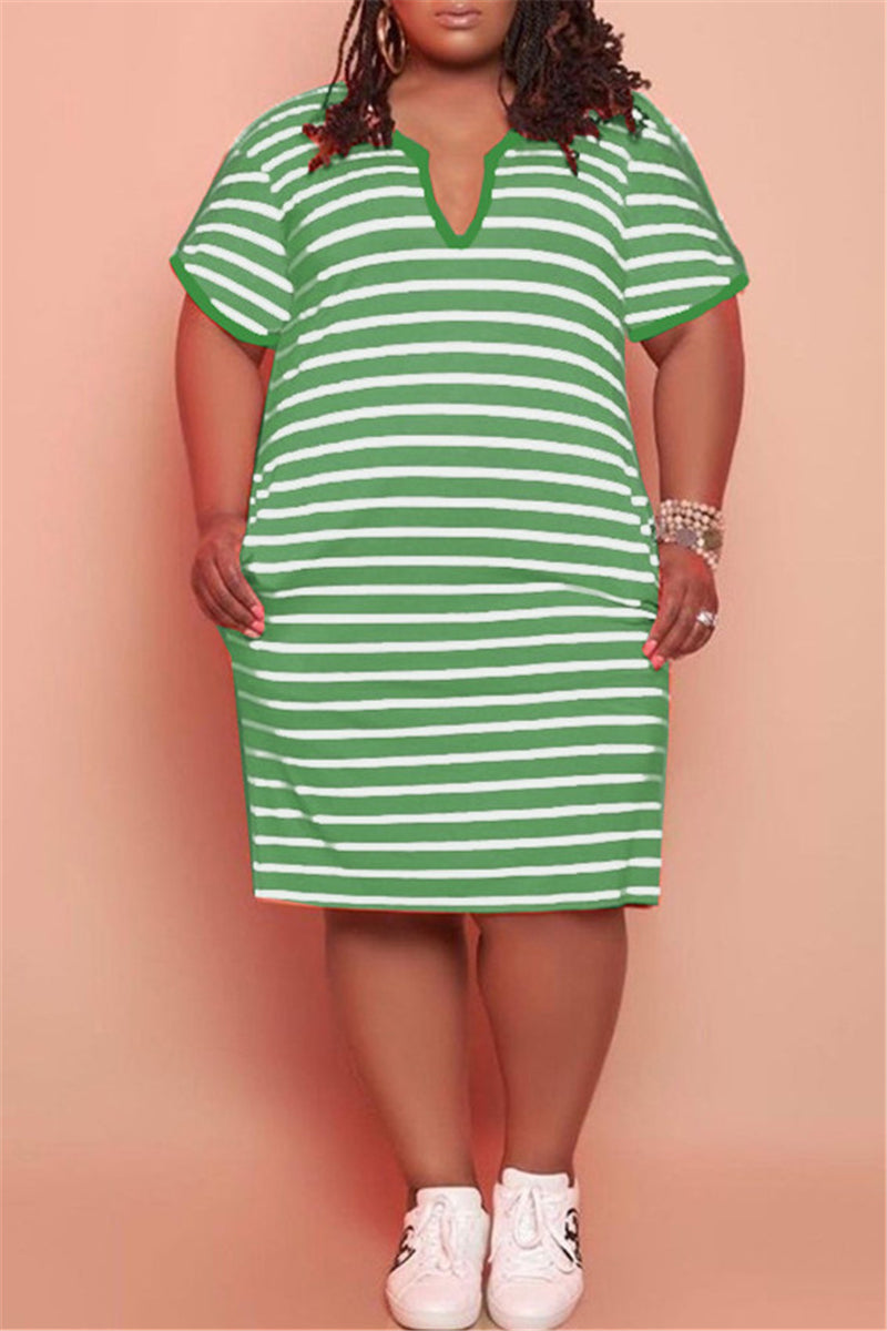 Fashion Casual Plus Size Striped Print Basic V Neck Short Sleeve Dress