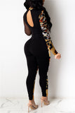 Fashion Sexy Patchwork Print See-through Skinny Jumpsuits
