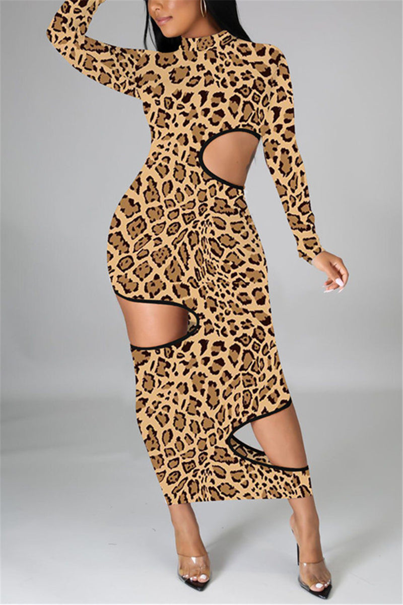Fashion Sexy Leopard Print Hollowed Out Turtleneck Long Sleeve Mid Calf Printed Dress Dresses