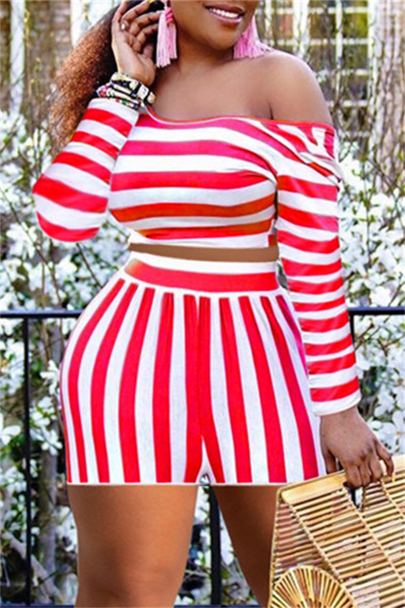 Fashion Casual Striped Print Backless Oblique Collar Plus Size Two Pieces