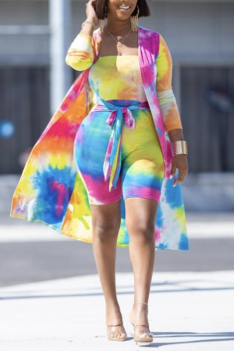 Sexy Patchwork Tie-dye Strapless Long Sleeve Two Pieces