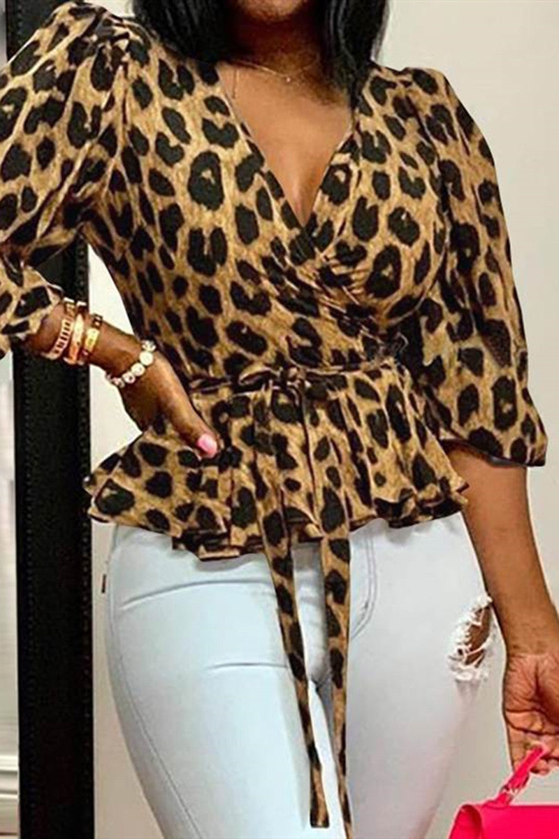 Fashion Casual Leopard Printing V Neck Plus Size Tops