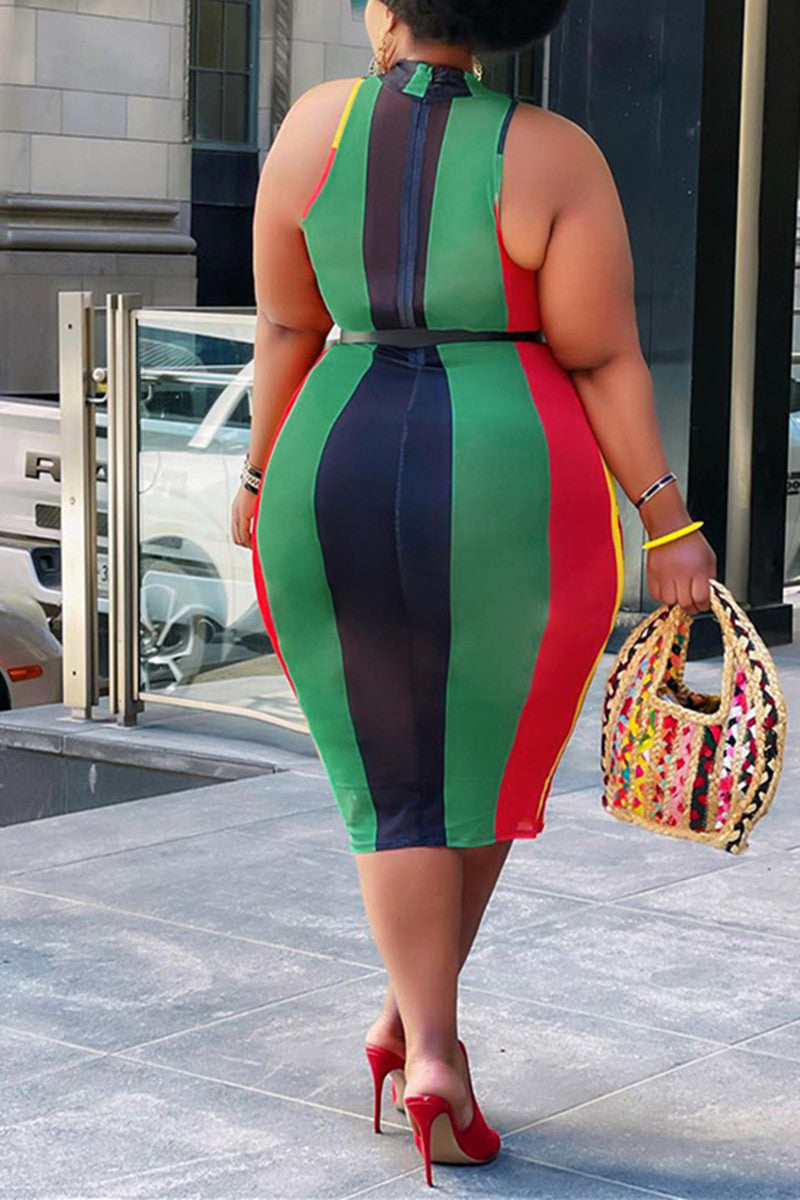 Sexy Plus Size Striped See-through Without Belt Half A Turtleneck Sleeveless Dress