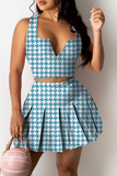 Sexy Plaid Split Joint V Neck Sleeveless Two Pieces