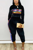 Fashion Casual Sequined Hooded Black Two-Piece Suit