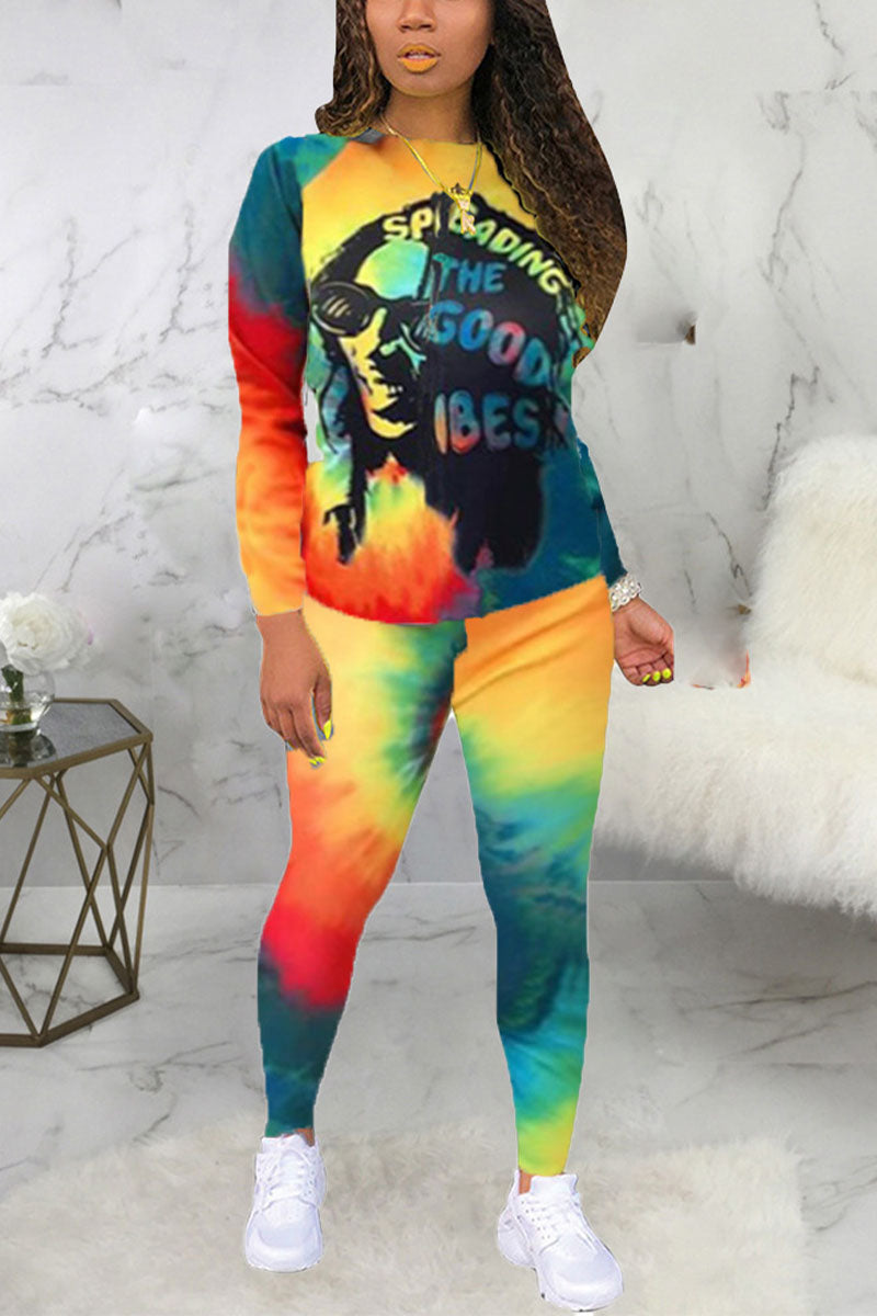 Sexy Print Tie-dye O Neck Long Sleeve Two Pieces