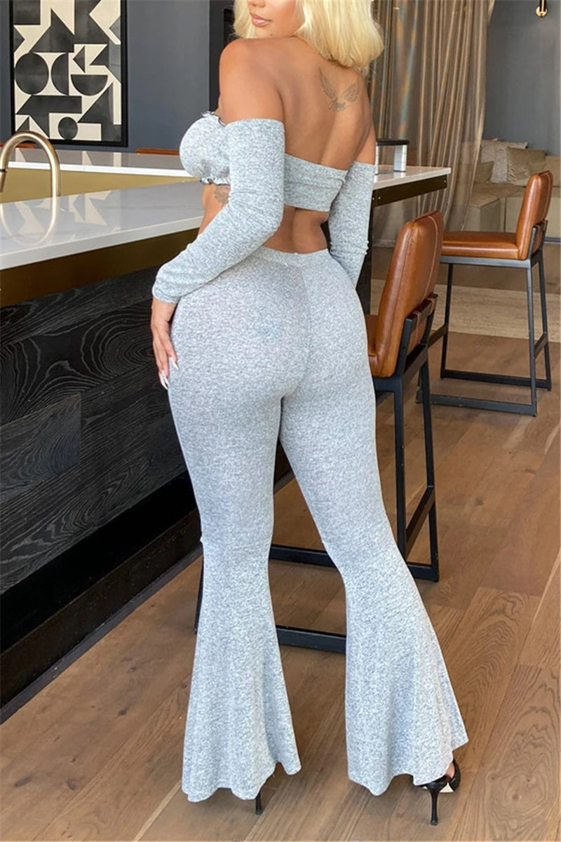 Fashion Sexy Long Sleeve Strapless Off The Shoulder Short Solid Two Pieces