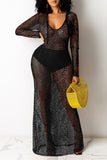 Fashion Sexy Solid Hollowed Out See-through Hooded Collar Long Sleeve Dresses