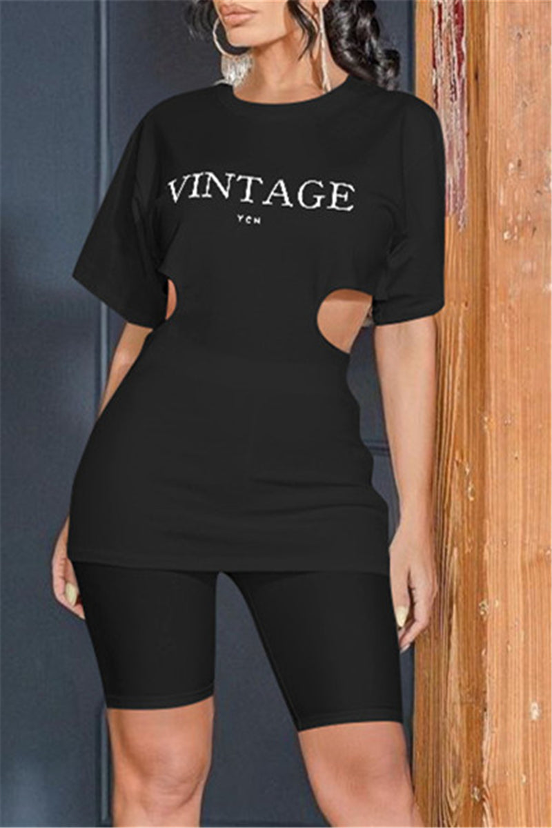 Fashion Letter Hollowed Out O Neck Short Sleeve Two Pieces